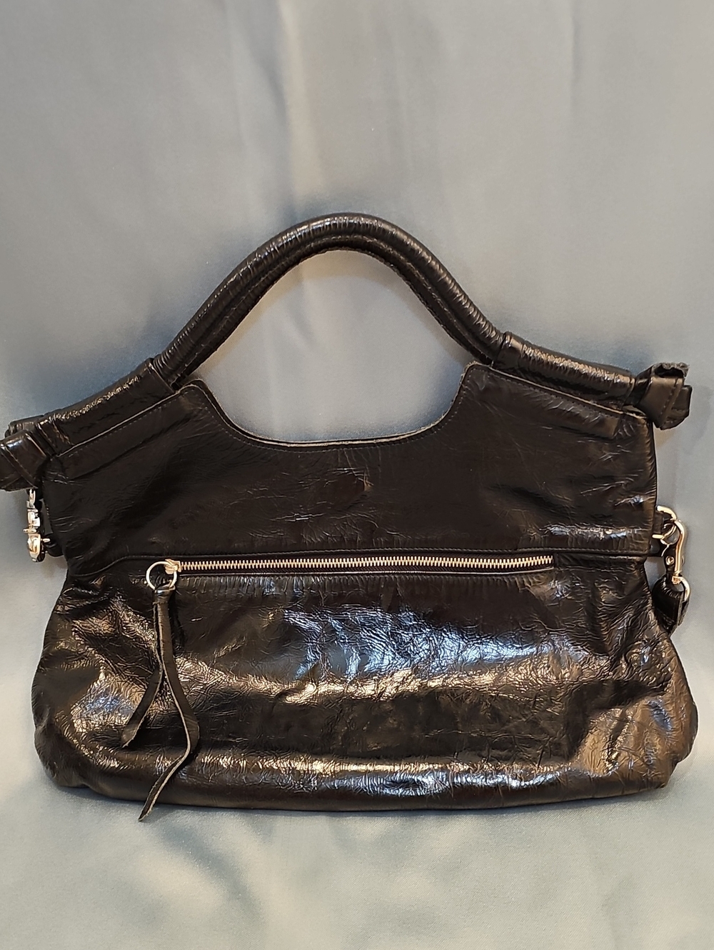 Foley + Corinna Black Patent Leather Top-Handle Shoulder Clutch Bag W/ Zippers